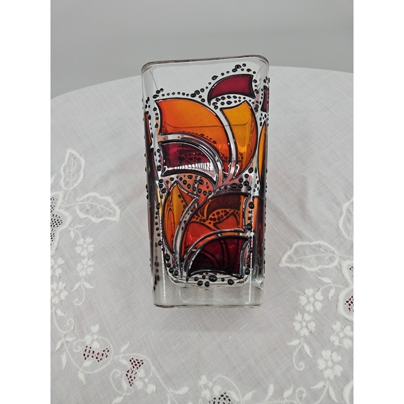 Handpainted German Stainglass Style Vase Black Orange And Maroon On Clear Glass - Picture 8 of 10
